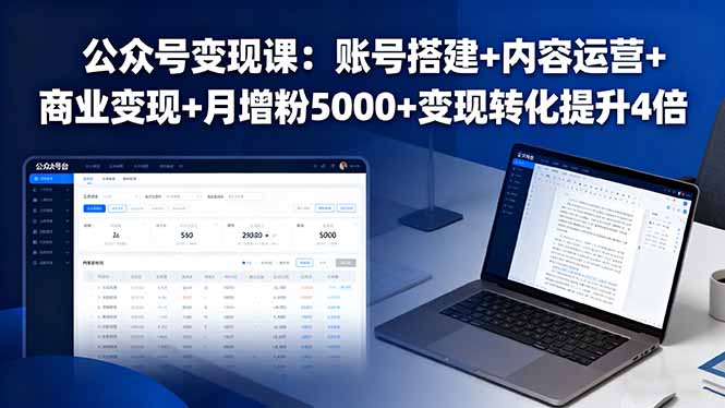 公众号变现课:账号搭建+内容运营+商业变现+月增粉5000+变现转化提升4倍-摇钱述