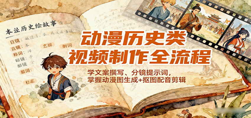 动漫历史类视频制作全流程，学文案撰写、分镜提示词，掌握动漫图生成+抠图配音剪辑-摇钱述