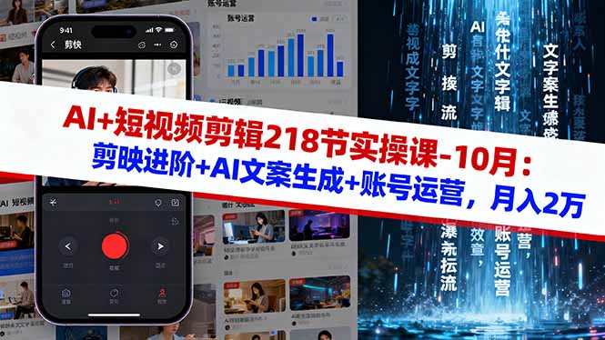 AI+短视频剪辑218节实操课-10月：剪映进阶+AI文案生成+账号运营，月入2万-摇钱述