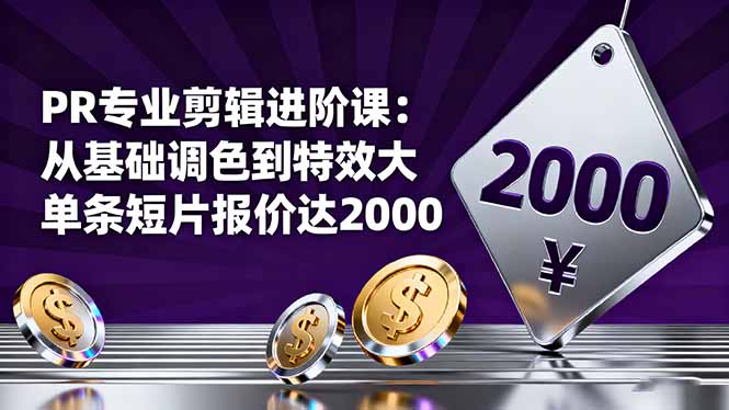 PR专业剪辑进阶课:从基础调色到特效大片的进阶技能,单条短片报价达2000-摇钱述