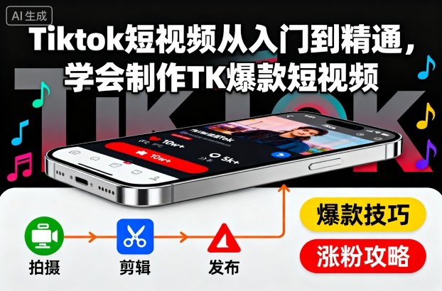 Tiktok短视频从入门到精通，学会制作TK爆款短视频-摇钱述
