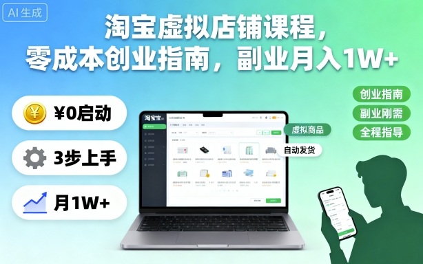 淘宝虚拟店铺课程,零成本创业指南,副业月入1W+-摇钱述