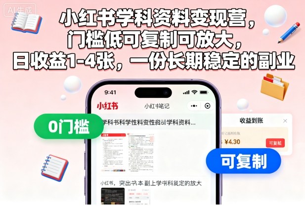 小红书学科资料变现营,门槛低可复制可放大,日收益1-4张,一份长期稳定的副业-摇钱述
