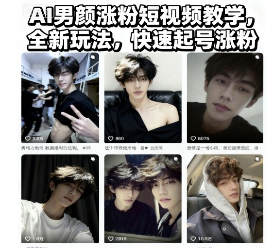 AI男颜涨粉短视频教学,全新玩法,快速起号涨粉-摇钱述