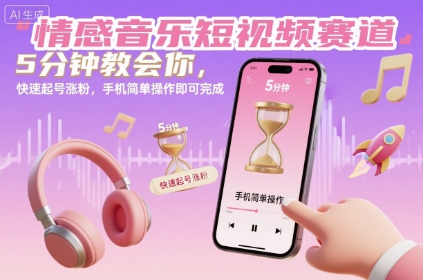 情感音乐短视频赛道,5分钟教会你,快速起号涨粉,手机简单操作即可完成-摇钱述