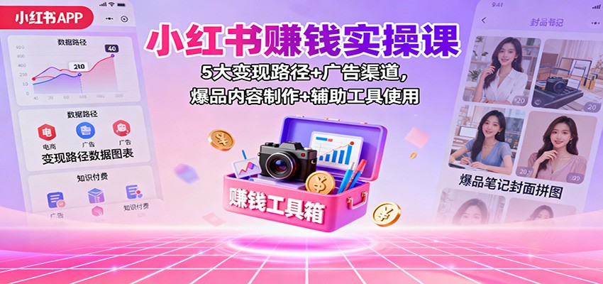 小红书赚钱实操课：5大变现路径+广告渠道，爆品内容制作+辅助工具使用-摇钱述