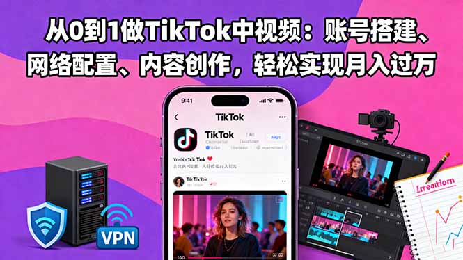 从0到1做TikTok中视频：账号搭建、网络配置、内容创作，轻松实现月入过万-摇钱述