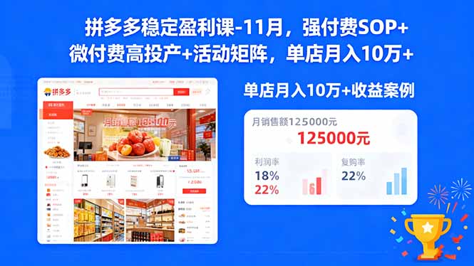 拼多多稳定盈利课-11月，强付费SOP+微付费高投产+活动矩阵，单店月入10万+-摇钱述