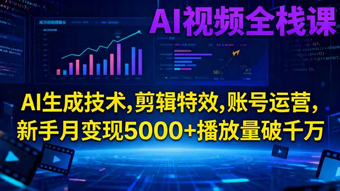 AI视频全栈课:AI生成技术,剪辑特效,账号运营,新手月变现5000+播放量破千万-摇钱述