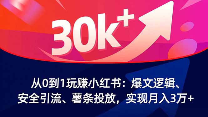 从0到1玩赚小红书：爆文逻辑、安全引流、薯条投放，实现月入3万+-摇钱述