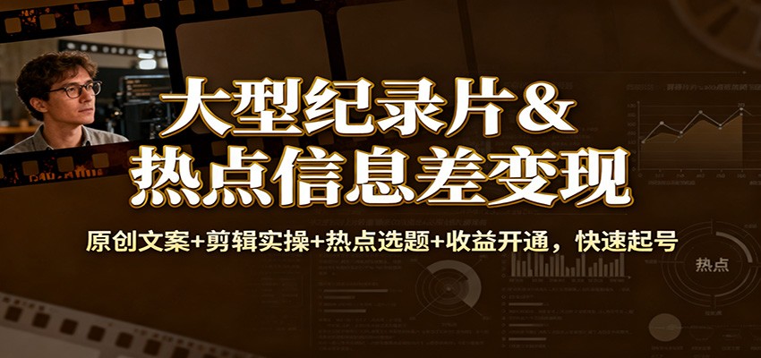大型纪录片&热点信息差变现：原创文案+剪辑实操+热点选题+收益开通，快速起号-摇钱述